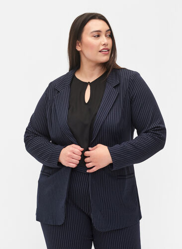 Zizzi Pinstripe blazer with button closure, Navy Stripe, Model image number 0