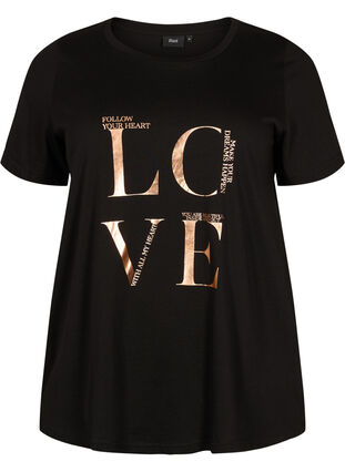 Zizzi 	 Short sleeve cotton t-shirt with print, Black W. Love , Packshot image number 0