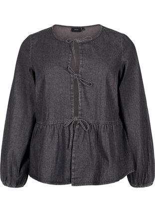 Zizzi Dzinsowa bluzka z pepitka i wiazaniem, Dark Grey Denim, Packshot image number 0