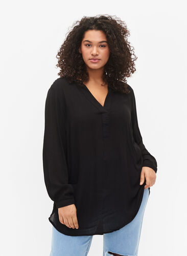 Zizzi Viscose tunic with v-neckline, Black , Model image number 0