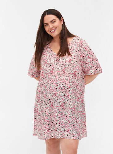 Zizzi Viscose tunic with print and short sleeves, Pink Ditsy AOP, Model image number 0