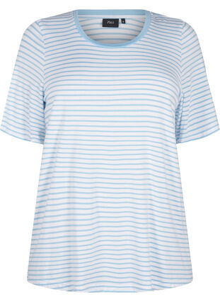 Zizzi T-shirt w paski z lyocellu z okraglym dekoltem, B White Dusk Blue St, Packshot image number 0