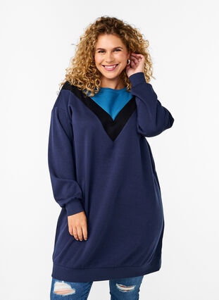 Zizzi Dluga bluza dresowa w kolorowe bloki, Navy B. Color Block, Model image number 0