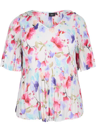 Zizzi Plisowana bluzka w kwiaty, White/MultiFlowerAOP, Packshot image number 0