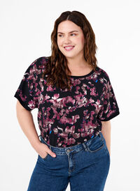 Luzna koszulka z kwiatowym wzorem, Black Purple Fl. AOP, Model