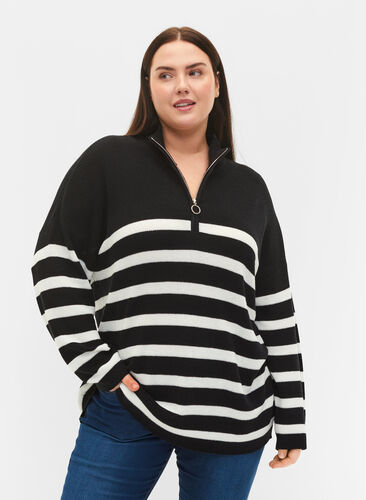 Zizzi Knitted jumper with high collar, Black w.Cloud Dancer, Model image number 0