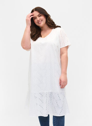 Zizzi Short-sleeved cotton dress with broderie anglaise, Bright White, Model image number 0