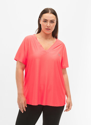 Zizzi T-shirt treningowy z dekoltem w szpic i wzorem, Fyring Coral ASS, Model image number 0