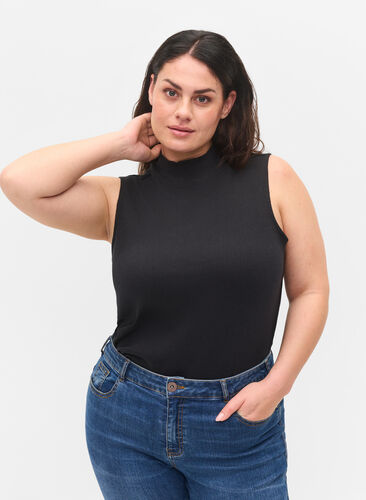 Zizzi High neckline cotton top with ribbed fit, Black, Model image number 0