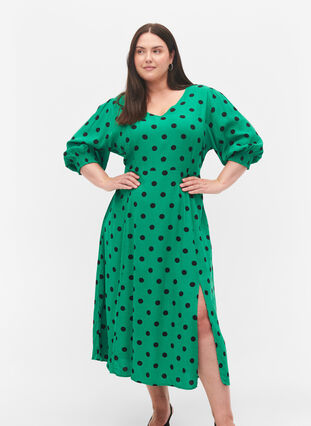 Zizzi Polka dot viscose midi dress, Jolly Green Dot AOP, Model image number 0