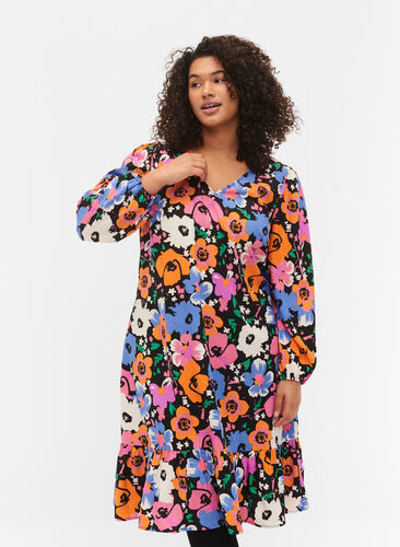 Zizzi Floral dress with v-neck, Vibrant Flower AOP, Model image number 0