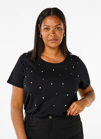 Bawelniana koszulka z ozdobnymi kamieniami, Black, Model