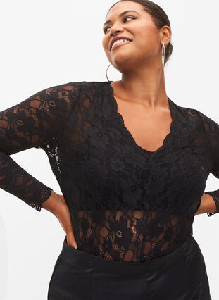 Zizzi Lace body with long sleeves, Black, Model image number 2