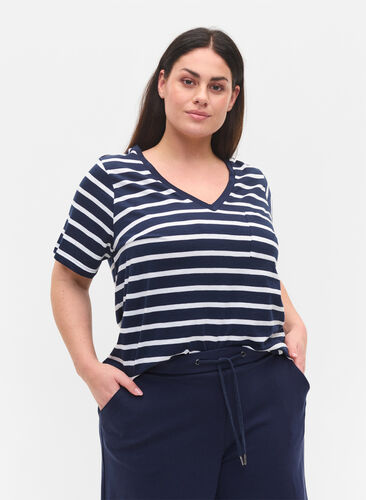 Zizzi Striped cotton t-shirt with v-neckline, Navy B White Stripe, Model image number 0