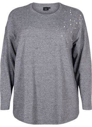 Zizzi Long-sleeved top with pearl detail, Medium Grey Melange, Packshot image number 0