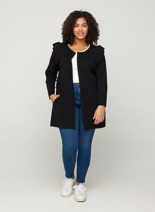 Zizzi Knitted cardigan with ruffles and pockets, Black, Model image number 2