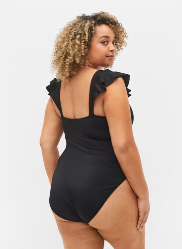 Zizzi Swimsuit with ruffle sleeves, Black, Model image number 1