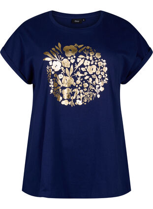 Zizzi T-shirt z organicznej bawelny ze zlotym nadrukiem, Med.Blue Gold Flower, Packshot image number 0